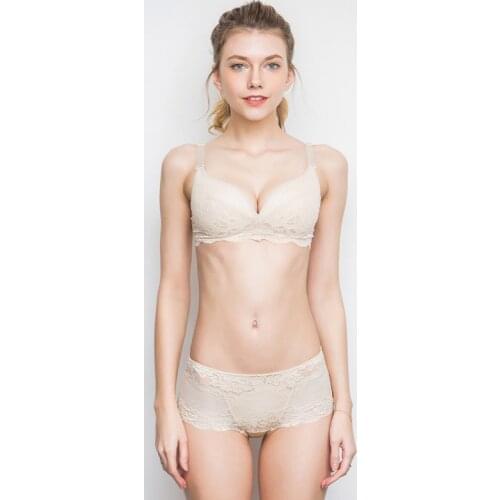 Woman Deep V Neck Silk Sexy Lace Bra Sets Soft Cup Comfortable Breathable Underwear Pink Transparent Lingerie