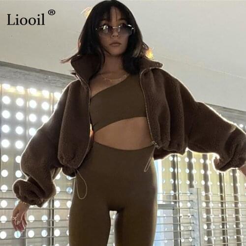 Liooil Brown Lamb Wool Short Jacket Streetwear Women Cardigan Zip Up Outerwear 2021 Autumn Winter Sexy Plush Jackets And Coats