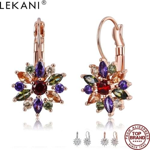 LEKANI 3 Colors Luxury Gold Color Flower Stud Earrings With Cubic Zirconia Women Earring Birthday Gift Fashion Jewelry Hot Sale