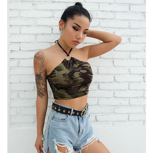 New Womens Sexy Tank Top Camouflage Halter Lace-Up Sleeveless Summer Bustier Crop Top Vest Fashion Casual Tops 2021