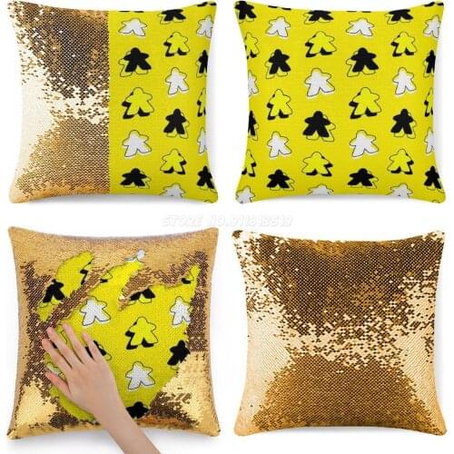 I Call The Yellow Meeple Sequin Pillowcase Glitter Throw Pillow for Party Cafe Home Sofa Meeple Pattern Board Game Colourful Bla