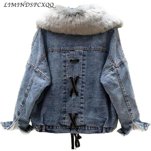2021 New Womens Winter Jacket Korean Thickened Student Strap Fur Collar Denim Coat Womens Outerwear Oversized Cotton Clothing