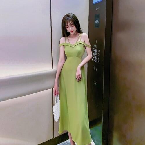 Sling Dress Summer 2021 New Sexy Backless One Word Collar Solid Color Pullover Dress French Retro Thin Over The Knee Long Dress