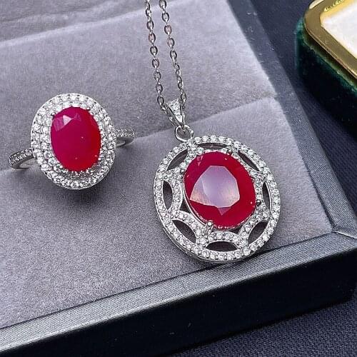 Natural ruby set, simple and practical, ring necklace, womens party wear must-have jewelry, 925 sterling silver