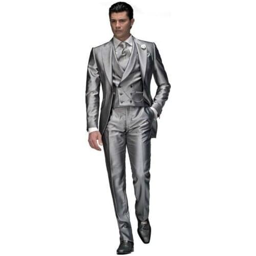 Custom Made Best Selling Silver Groom Mens Tuxedo,Bespoke Silver Long Style Tuxedo,Tailored 1 Button Peak Lapel Mens Suit