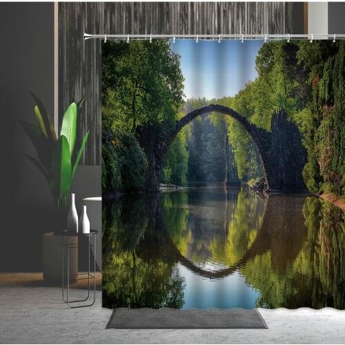 Spring Scenery Shower Curtain Arch Bridge River Mysterious Forest Flower Green Plant Leaf Pattern Bath Accessories Cloth Curtain