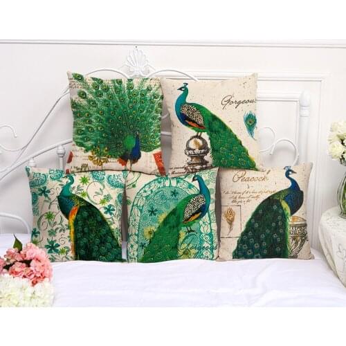 Pure Linen Cushion Cover peacock Pillow Cover Flora and Fauna for Home Chair Sofa Decorative Pillowcases