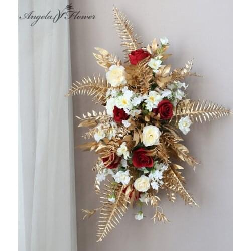 Wedding Props Floral Artificial Rose Golden Leaves Flower Row Arrangement Road Lead Flower Party Stage Home Hanging Wall Decor