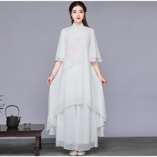 Traditional Chinese Style Clothing Women Linen Tea Set Spring Tang Suit Vintage Robe Female Oriental Cheongsam Suit Hanfu 12089