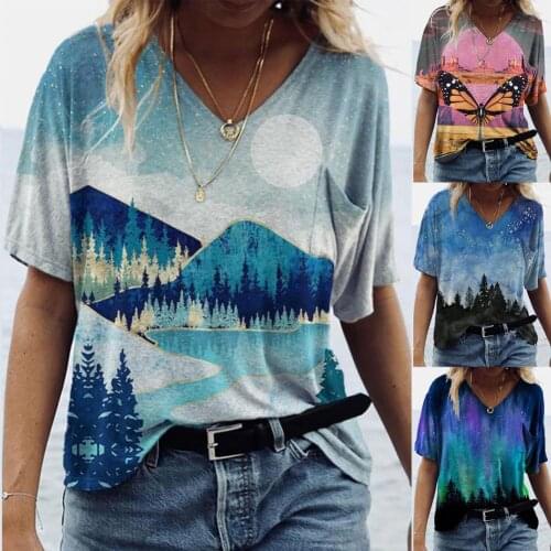 Womens T-shirt Summer Vintage Butterfly Tree Print Tops Plus Size Short Sleeve Loose Ladies V Neck Casual Blouse Femme T Shirt