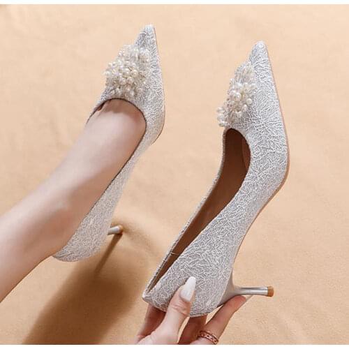 2021 New Fashion Wedding Shoes Lace Pearl Buckle Temperament High Heels Plus Size