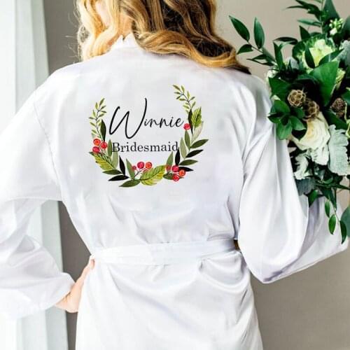 Custom Name Flower Print Wedding Robe Bridesmaid Team Robe Women Silky Satin Kimono Bathrobe Dress Gown