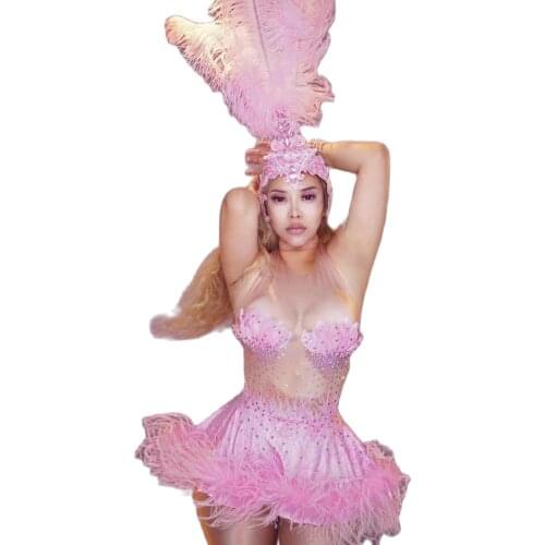 Flamingo Design Pink Feathers Jumpsuit Women Catch-eyes Sexy Party Birthday Outfit Dance Show Cosplay Bodysuit Costume