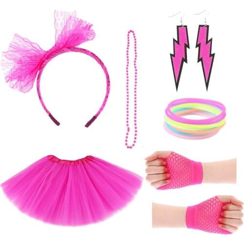 Womens 80s Costume Accessories Set Cosplay Costumes Adult Tutu Skirt Leg Warmers Fishnet Gloves Earrings Necklace Shutter Glass