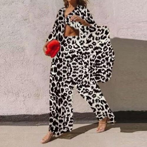 Autumn Women Two Piece Set Elegant Leopard Print Button Shirt And Wide Leg Pants Suits 2021 Fashion Long Sleeve 2 Piece Outfits