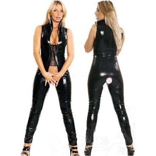 Plus Size Crotchless Latex Catsuit Women Black Faux Leather Open Crotch Leotard Catsuit Costume Lingerie Sexy Body Suits XXL