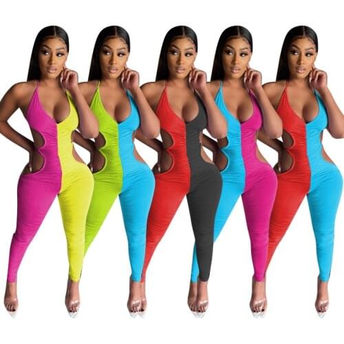 Women Summer Splicing Hollow Out Playsuit Sexy Sleeveless Backless Elastic Bodycon jumpsuits Casual Tracksuit overalls