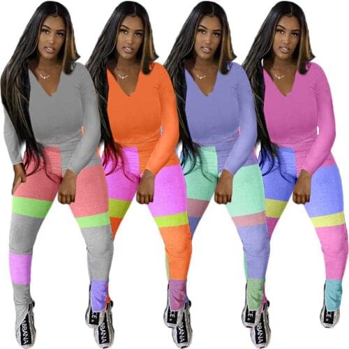 65TK6110 Autumn Winter Women Casual Home Sports Patchwork Print Two Piece Set Top and Pants Tracksuit Sweatsuit Outfits Joggers