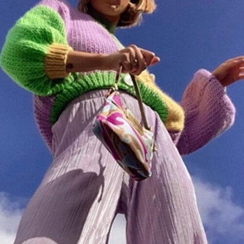 2021 Winter Sweater Tops Oversized Long Puff Sleeve Y2K Patchwork Cardigans Women Knitted Fashion Crop Jumpers Tops