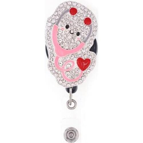 10 pcs/lot Metal Cute Pink Stethoscope Enamel Rhinestone Retractable Reel ID Badge Holder For Nurse Accessories