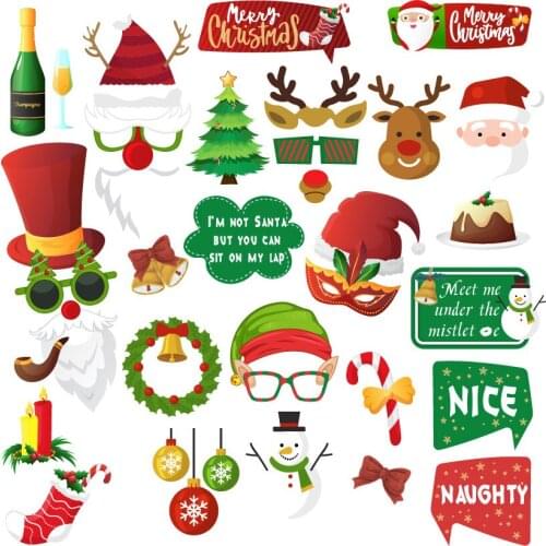 37Pcs Christmas Photo Booth Props Party Masks Hat Mustache Lip Photobooth Props Christmas Party Decoration Favor Funny