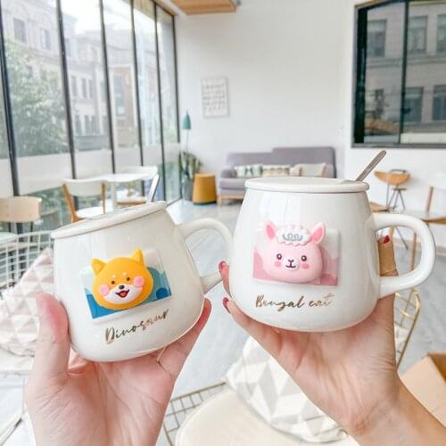 3D Stereo Rabbit Cat Dinosaur Head Coffee Mug Relief Doll Head Ceramic Cup Cute Cartoon Animal Water Cup Male Female Student Cup