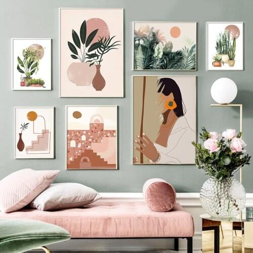 Abstract Vintage Girl Potted Plant Leaves Wall Art Canvas Painting Nordic Posters And Prints Wall Pictures For Living Room Decor