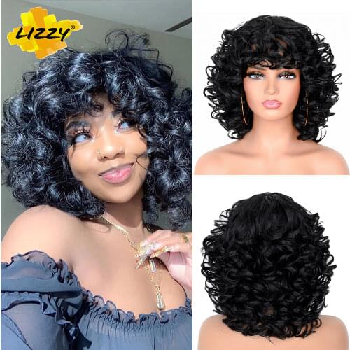 Short Hair Afro Curly Wig With Bangs Loose Synthetic Cosplay Fluffy Shoulder Length Natural Wigs For Black Women Dark Brown 14"