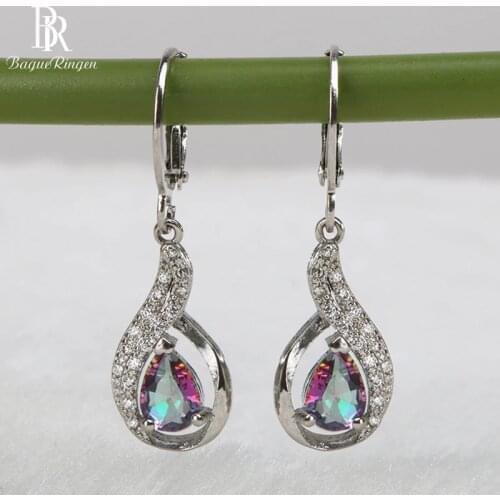 Bague Ringen Fashionable Silver 925 Jewelry Rainbow Topa Stone Earrings for Women Water Drop Shape Drop Earrings High Quality