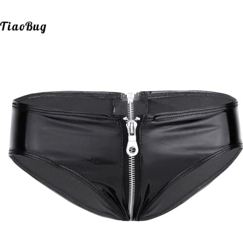 TiaoBug Black Womens Lingerie Shiny Patent Leather Zipper Crotch Low Rise Bikini Briefs Underwear Underpants