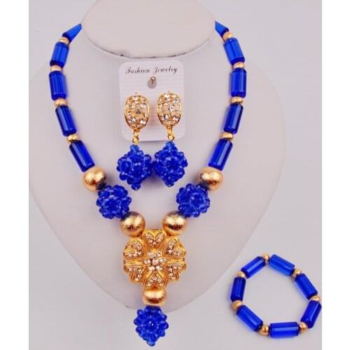 Latest Blue Crystal Bead Nigerian Wedding African Beads Jewelry Set Costume Jewellery Necklace ZJQ7-1