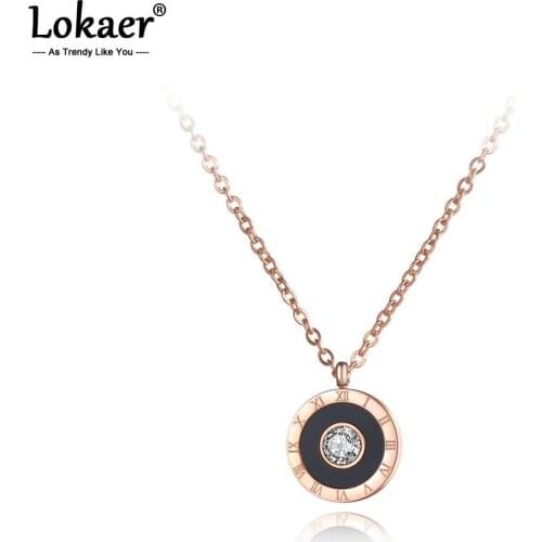 Lokaer Trendy Black Acrylic Circle Roman Numerals Pendant Necklaces For Women Titanium Steel CZ Wedding Necklace Jewelry N19106