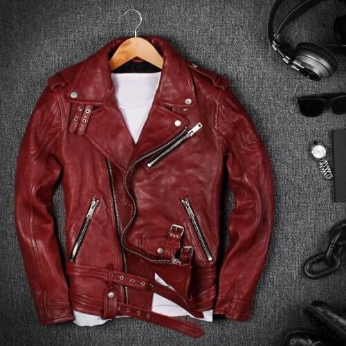 2020 Men Red Genuine Motorcycle Jacket Plus Size XXXL Real Sheepskin Diagonal Zipper Leather Biker Coat FREE SHIPPING