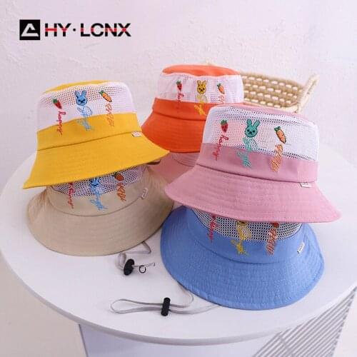 Summer Child Cute Cartoon Embroidery Cotton Breathable Net Sun Fisherman Hat Boy Girl Solid Color Outdoor Leisure Bucket Hat