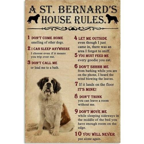 St Bernard House Rules Poster Decor Gift for Dog Lover Wall Art Decoration Metal Plaque Poster Metal Sign 8X12 inches