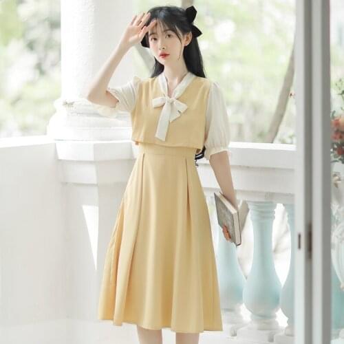 Dress Women Summer New 2021 Korean Gentle Retro Stitching Sweet V-Neck Bowknot Fake Two Pieces Of Thin Dresses Women