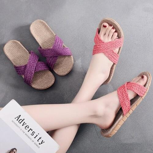 Summer Cool House Slippers For Women Cross-tied Design Lady Indoor Floor Flat Slippers Unisex Comfortable Flax Bedroom Slides