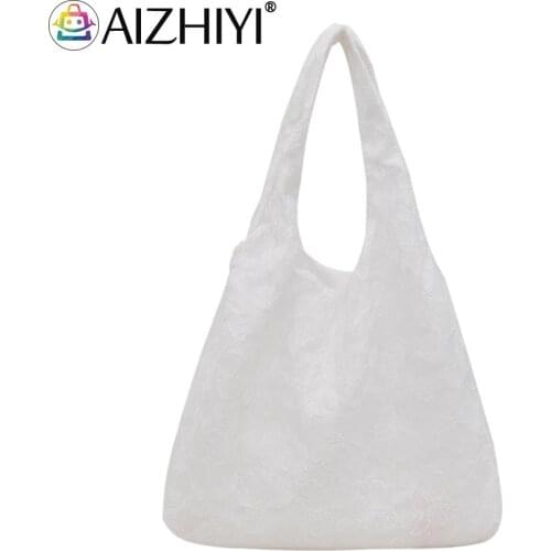 Vintage Women Embossed Flower Solid Color Shoulder Shopping Bag Casual Ladies Lace Canvas Large Capacity Tote Handbags