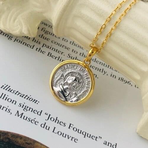 WTLTC 925 Sterling Sliver Alphabet Portrait Pendant Necklaces Retro Round Medallion Coin Necklace Small Disc Layered Choker