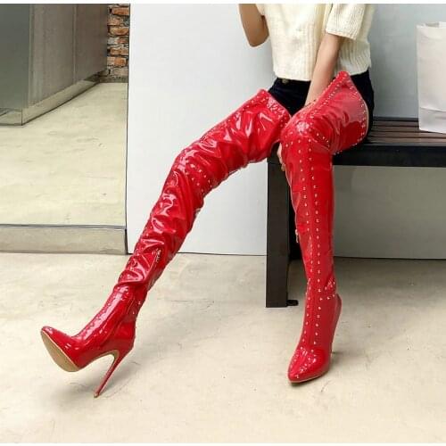 2021 Sexy Stiletto High Heel Pointed Toe Thigh Boots Ladies Autumn Winter Warm Fashion Rivet Boots Zipper Plus Size Women Shoes