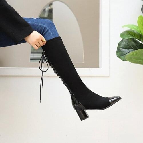 Womens high boots above the knee small men wear thick heels high heels square head lace up autumn and winter large size boots w