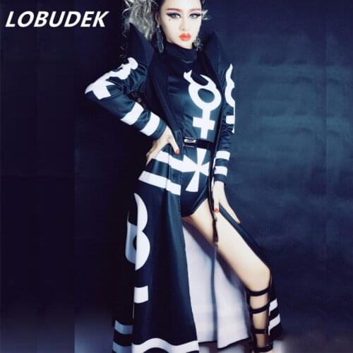 Personality Lady Long Cloak Sexy Skinny Bodysuit High-end Female Costume Bar Singer Star Performance Stage Outfit HIP HOP Outfit