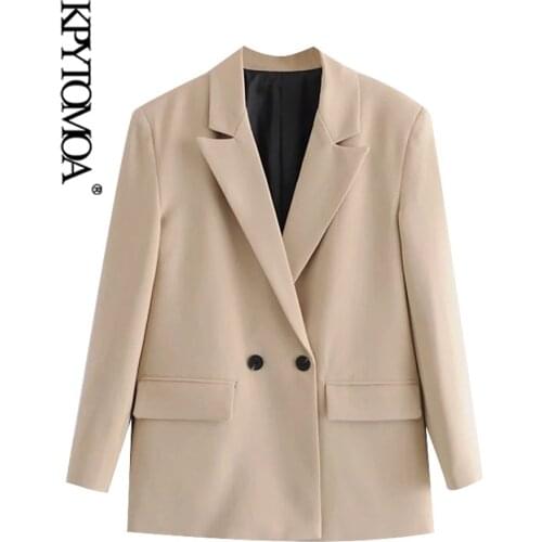 KPYTOMOA Women 2021 Fashion Double Breasted Loose Fitting Blazer Coat Vintage Long Sleeve Pockets Female Outerwear Chic Tops