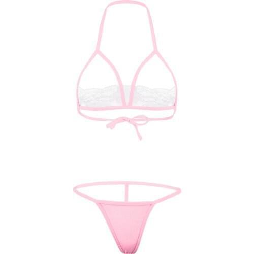 Womens Lingerie Bra Panties Set Halter Lace-up Open Cup Lace Hot Bras with G-strings Erotic Sexy See-through Bikini Lingerie Set