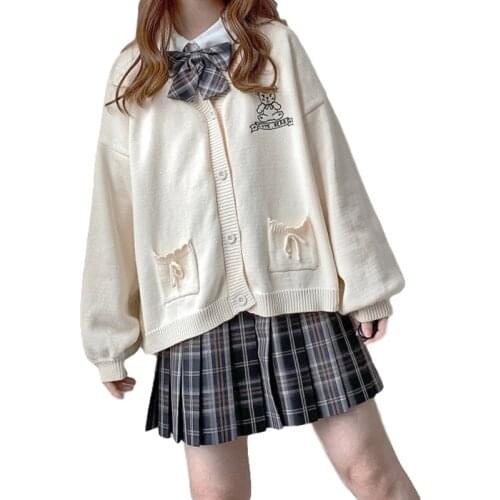 Winter Vintage Black Cardigan Women Knitted Sweater Japan Cute V Neck Kawaii Fashion JK Jumper Kniwear Autumn Soft Girl Coat