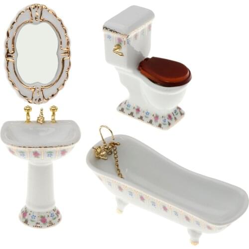 1/12 Dollhouse Mini Furniture Porcelain Bathroom Set Floral Toilet, Bathtub & Basin #2