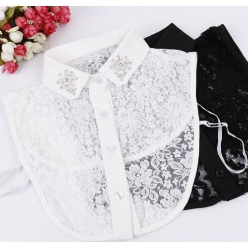 2021 Women Neckline Hollow Lace Flower Sweater Shirt Fake Collar Rhinestone Peter Pan Lapel False Detachable Collar Blouse Tops