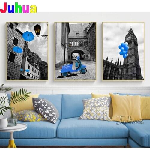 3 piece Romantic Painting Feature Blue Car Diamond Painting Full square Round Mosaic Diamond Art Embroidery Diamond Mosaic Craft