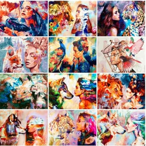 AZQSD DIY Painting By Number Wolf And Girl Canvas Art Coloring By Numbers Animals Handmade Wall Decorations Living Room