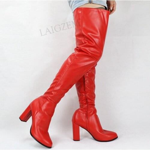 BERZIMER Women Thigh High Heels Boots Block Thick Heels Faux Leather Boots Over Knee Female Shoes Woman Big Size 40 42 44 47 52